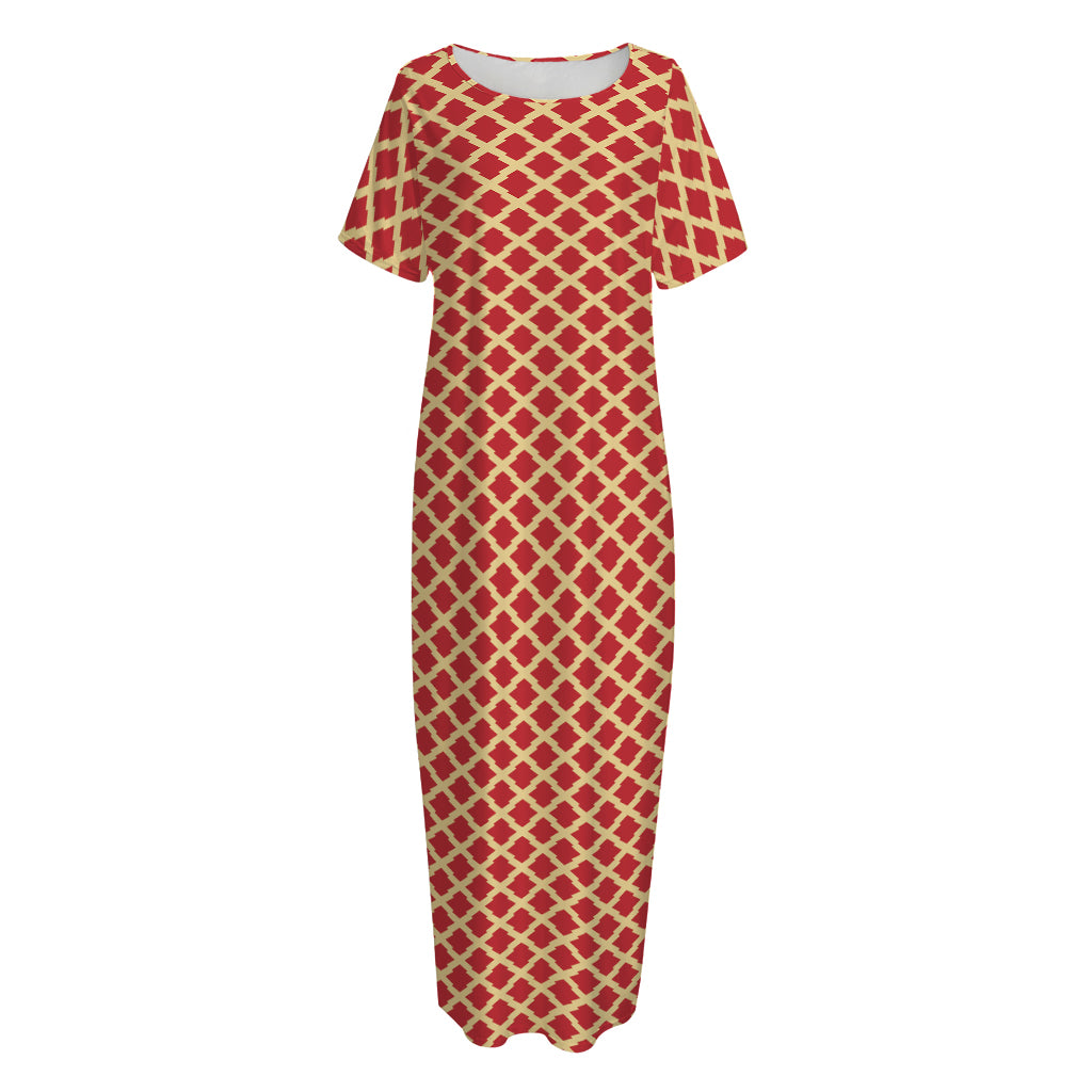 Red And Beige Japanese Pattern Print Short Sleeve Long Nightdress