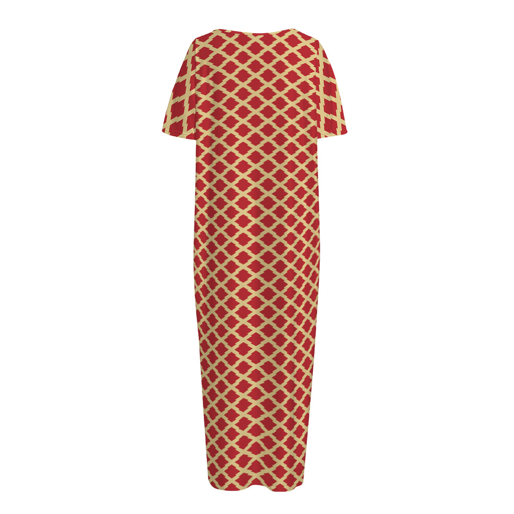 Red And Beige Japanese Pattern Print Short Sleeve Long Nightdress