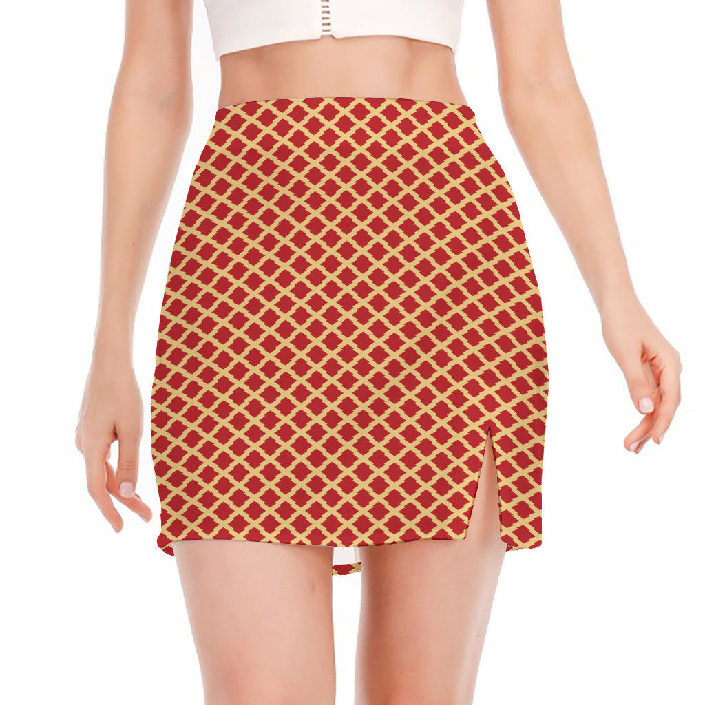 Red And Beige Japanese Pattern Print Side Slit Mini Skirt