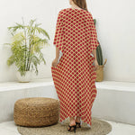 Red And Beige Japanese Pattern Print Silk V-Neck Kaftan Dress