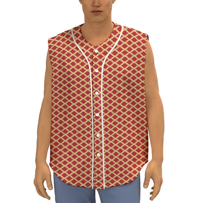 Red And Beige Japanese Pattern Print Sleeveless Baseball Jersey