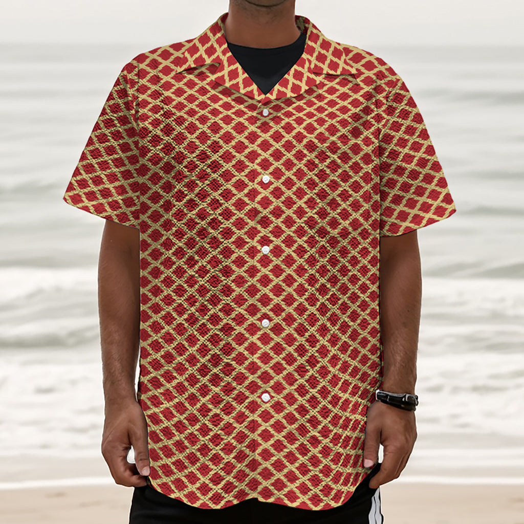 Red And Beige Japanese Pattern Print Textured Short Sleeve Shirt