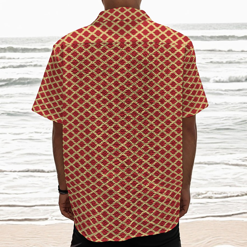 Red And Beige Japanese Pattern Print Textured Short Sleeve Shirt