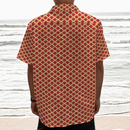 Red And Beige Japanese Pattern Print Textured Short Sleeve Shirt