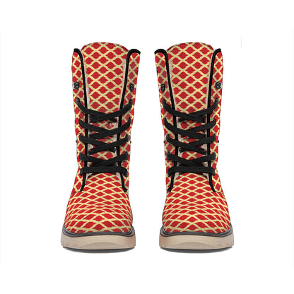 Red And Beige Japanese Pattern Print Winter Boots
