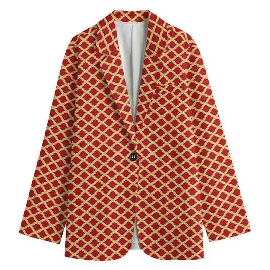 Red And Beige Japanese Pattern Print Women's Cotton Blazer