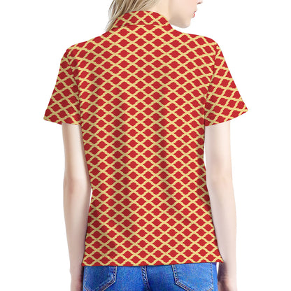 Red And Beige Japanese Pattern Print Women's Polo Shirt