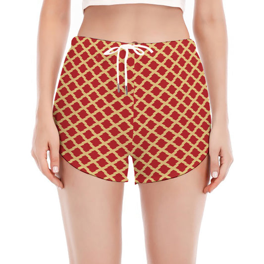 Red And Beige Japanese Pattern Print Women's Split Running Shorts