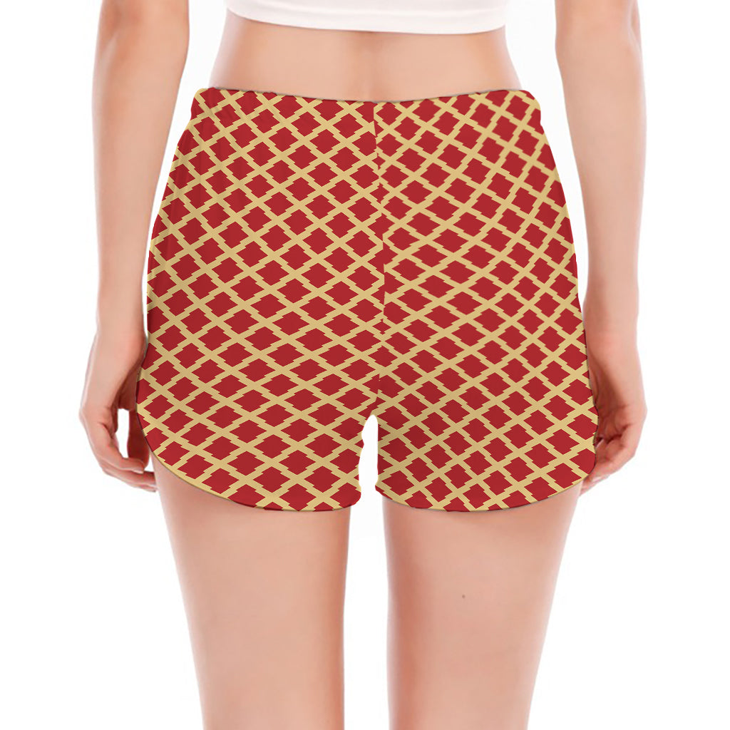 Red And Beige Japanese Pattern Print Women's Split Running Shorts