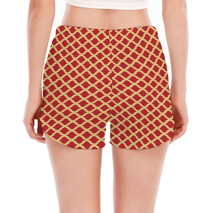 Red And Beige Japanese Pattern Print Women's Split Running Shorts