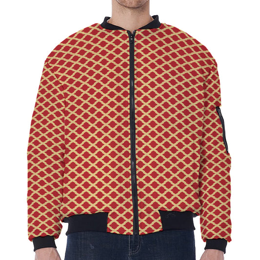 Red And Beige Japanese Pattern Print Zip Sleeve Bomber Jacket