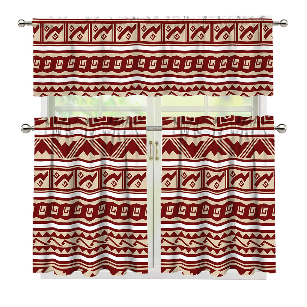 Red And Beige Southwestern Pattern Print 3 Piece Kitchen Curtains