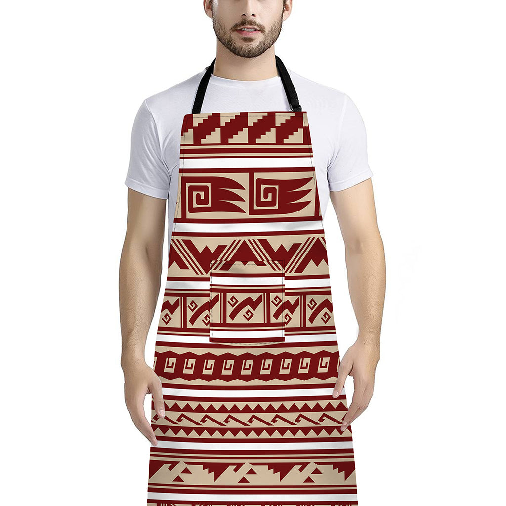 Red And Beige Southwestern Pattern Print Bib Apron With Pocket