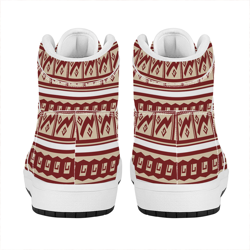 Red And Beige Southwestern Pattern Print High Top Leather Sneakers