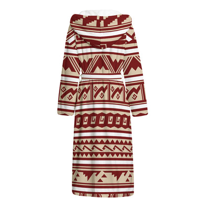 Red And Beige Southwestern Pattern Print Hooded Bathrobe