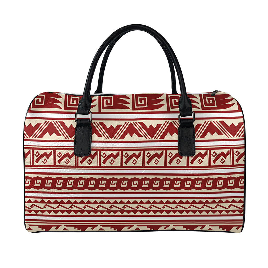 Red And Beige Southwestern Pattern Print Leather Duffle Bag