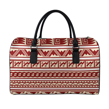 Red And Beige Southwestern Pattern Print Leather Duffle Bag