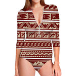 Red And Beige Southwestern Pattern Print Long Sleeve Swimsuit