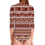 Red And Beige Southwestern Pattern Print Long Sleeve Swimsuit