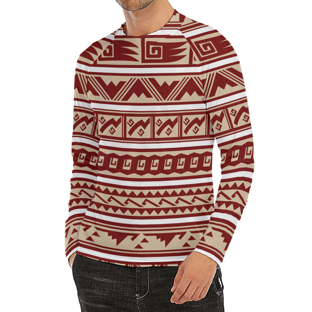Red And Beige Southwestern Pattern Print Men's Long Sleeve Rash Guard
