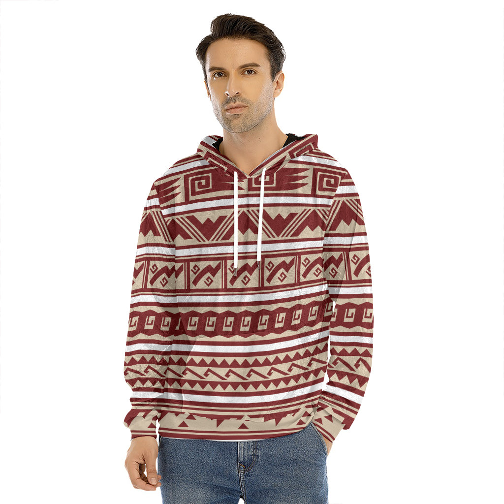 Red And Beige Southwestern Pattern Print Men's Velvet Pullover Hoodie