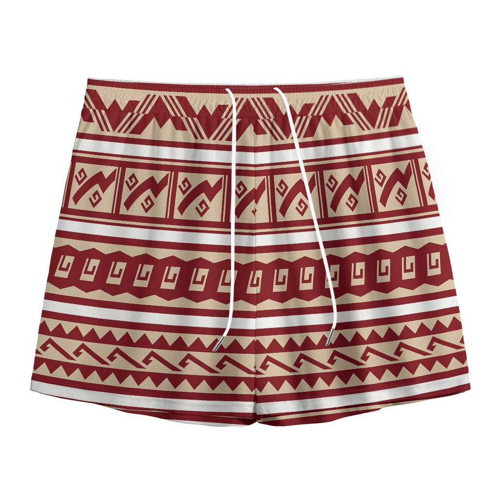 Red And Beige Southwestern Pattern Print Mesh Shorts