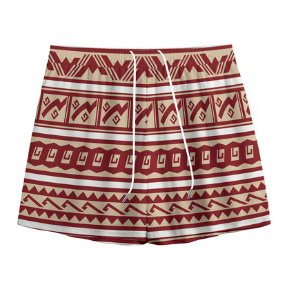Red And Beige Southwestern Pattern Print Mesh Shorts