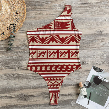 Red And Beige Southwestern Pattern Print One Shoulder Bodysuit