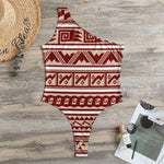 Red And Beige Southwestern Pattern Print One Shoulder Bodysuit