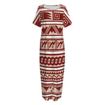 Red And Beige Southwestern Pattern Print Short Sleeve Long Nightdress