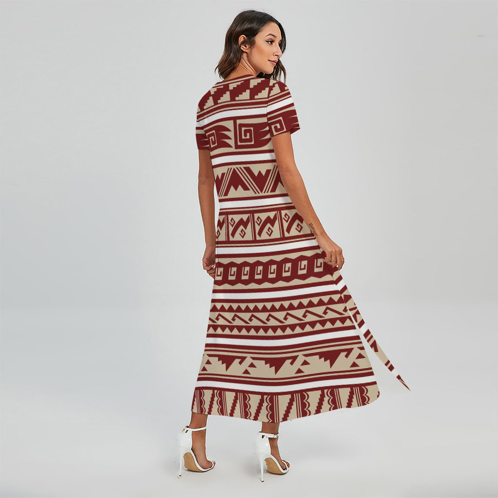 Red And Beige Southwestern Pattern Print Short Sleeve Maxi Dress