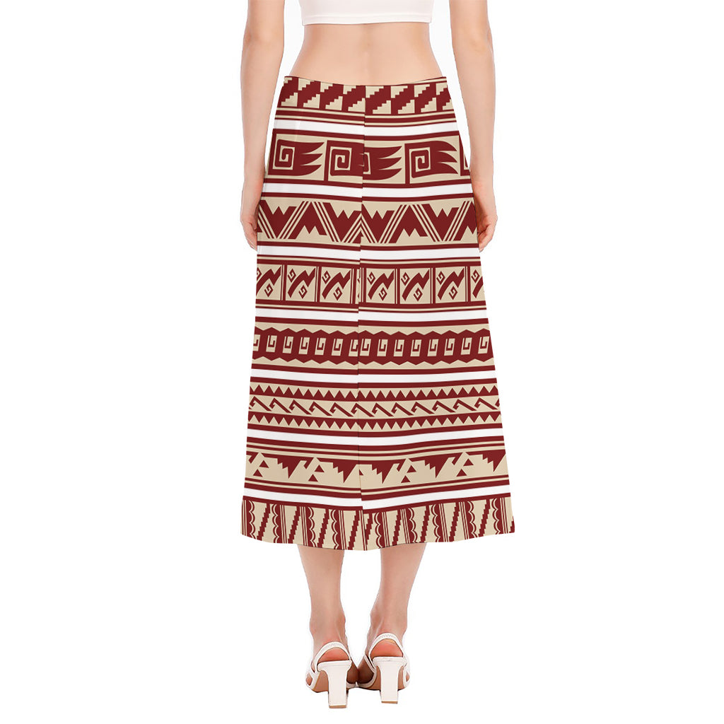 Red And Beige Southwestern Pattern Print Side Slit Midi Skirt