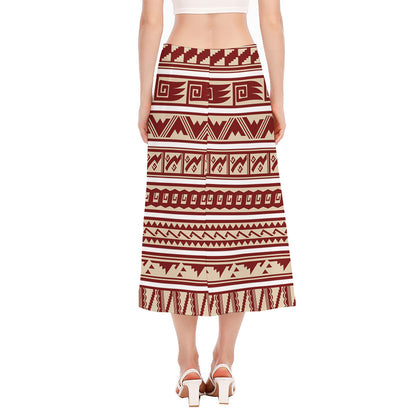Red And Beige Southwestern Pattern Print Side Slit Midi Skirt