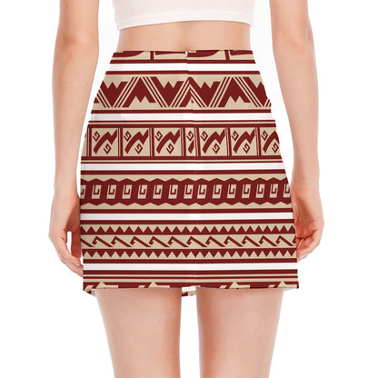 Red And Beige Southwestern Pattern Print Side Slit Mini Skirt