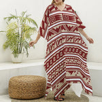 Red And Beige Southwestern Pattern Print Silk V-Neck Kaftan Dress