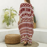 Red And Beige Southwestern Pattern Print Silk V-Neck Kaftan Dress