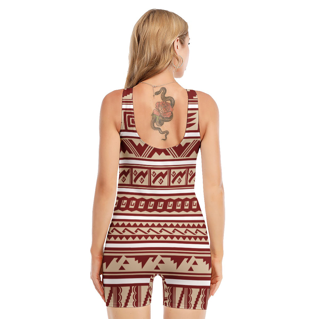 Red And Beige Southwestern Pattern Print Sleeveless One Piece Swimsuit