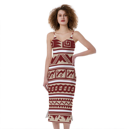 Red And Beige Southwestern Pattern Print Slim Fit Midi Cami Dress