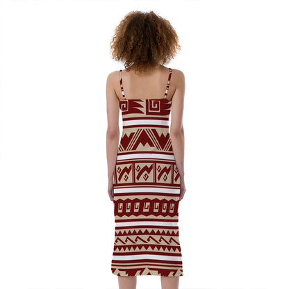 Red And Beige Southwestern Pattern Print Slim Fit Midi Cami Dress