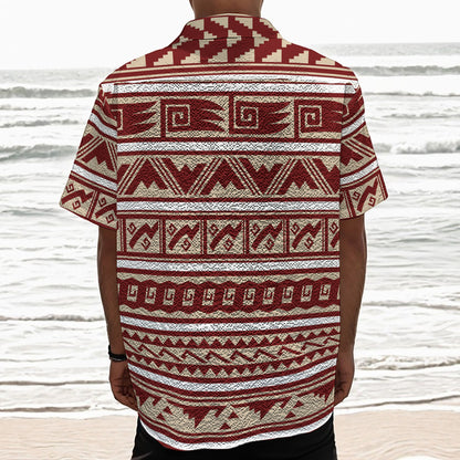 Red And Beige Southwestern Pattern Print Textured Short Sleeve Shirt