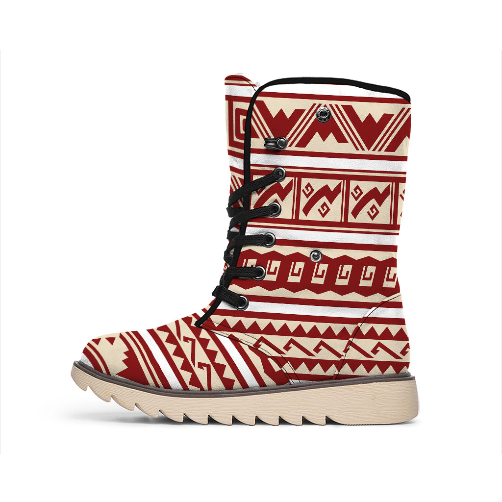 Red And Beige Southwestern Pattern Print Winter Boots