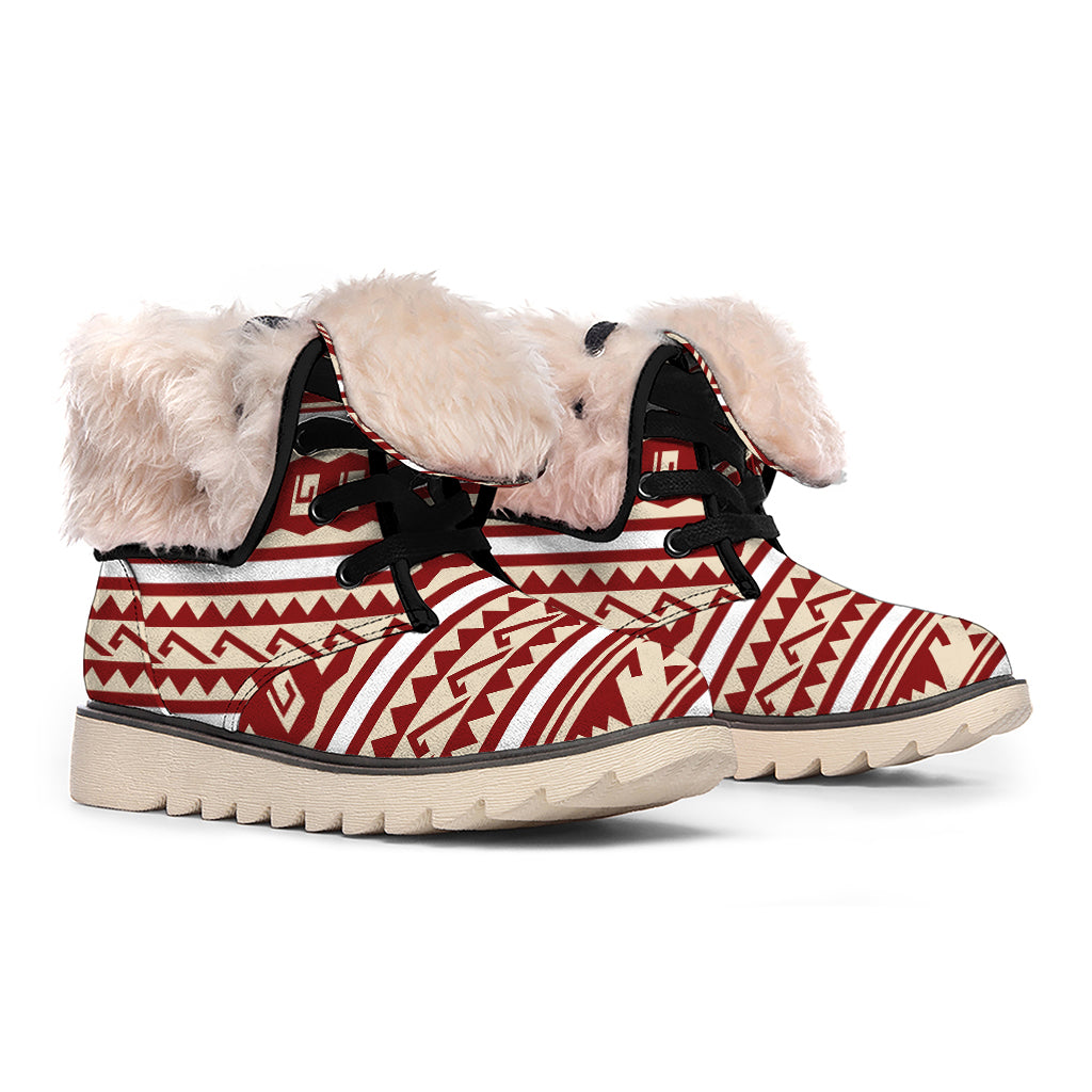 Red And Beige Southwestern Pattern Print Winter Boots