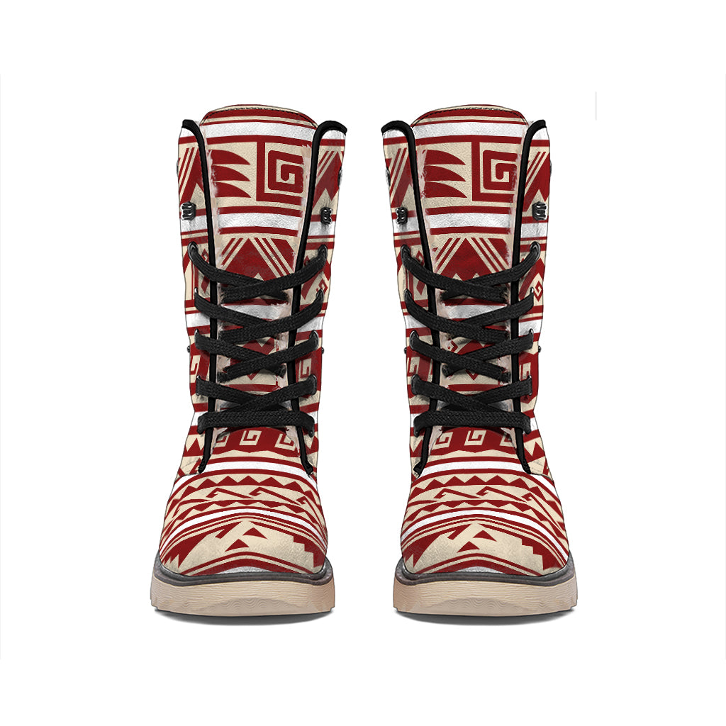 Red And Beige Southwestern Pattern Print Winter Boots