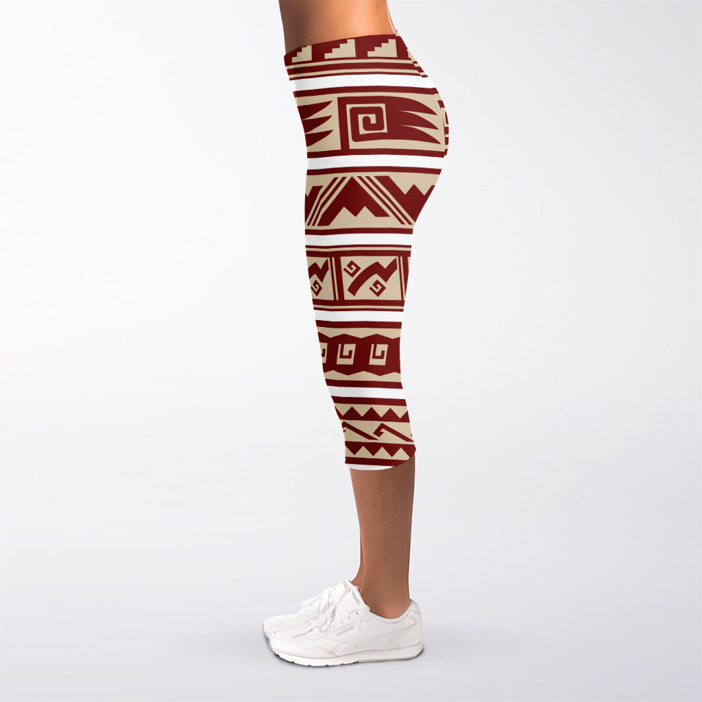 Red And Beige Southwestern Pattern Print Women's Capri Leggings