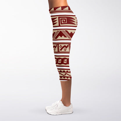 Red And Beige Southwestern Pattern Print Women's Capri Leggings