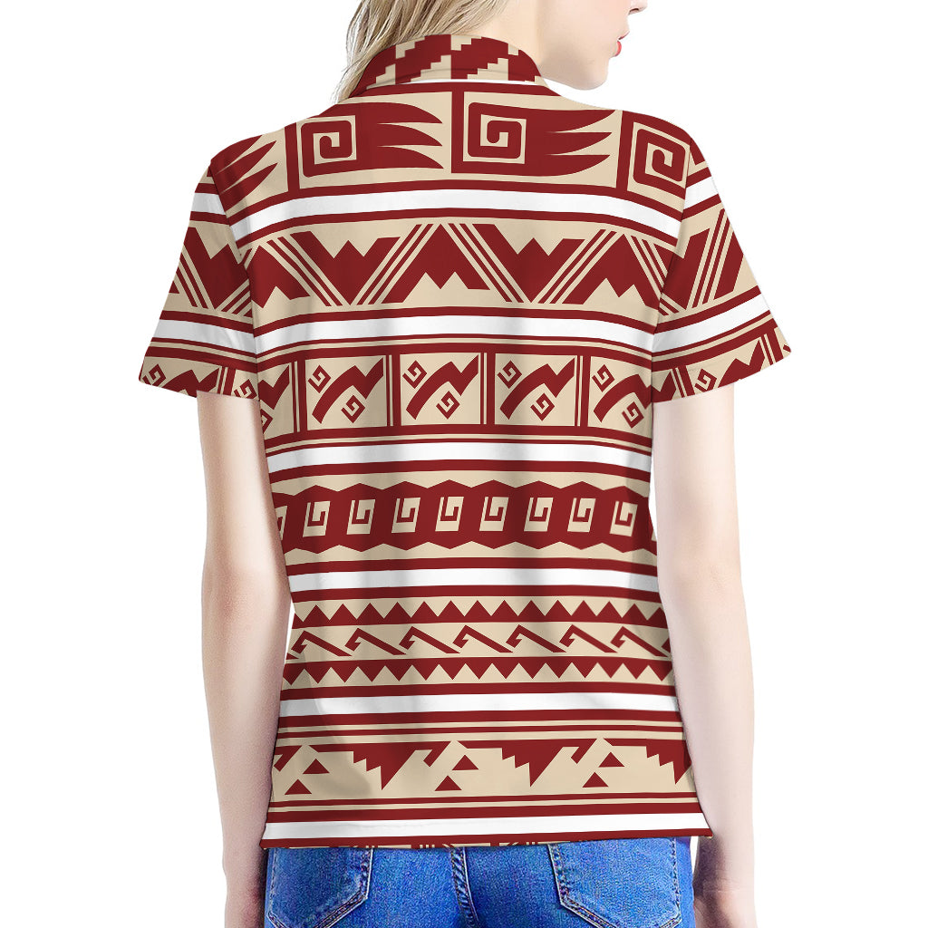 Red And Beige Southwestern Pattern Print Women's Polo Shirt