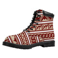 Red And Beige Southwestern Pattern Print Padded Collar Lace Up Boots