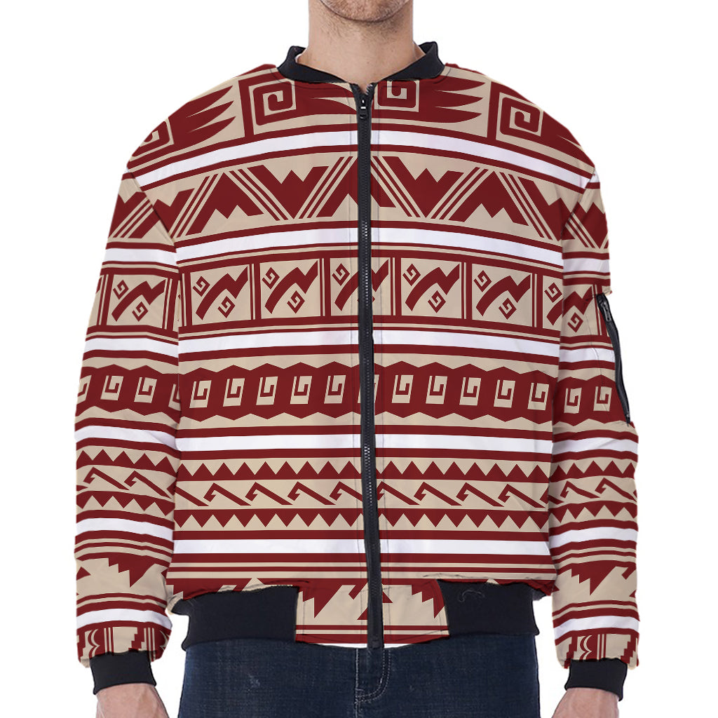 Red And Beige Southwestern Pattern Print Zip Sleeve Bomber Jacket