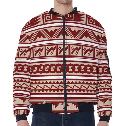 Red And Beige Southwestern Pattern Print Zip Sleeve Bomber Jacket
