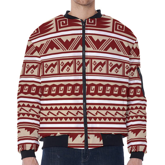 Red And Beige Southwestern Pattern Print Zip Sleeve Bomber Jacket